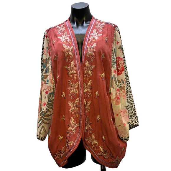 John Mark Embroidered Open Front Cardigan Rust Multi Floral & Leopard Print XL - Picture 1 of 6